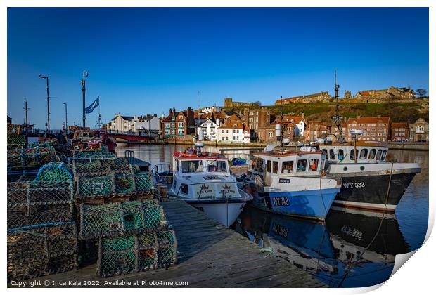Whitby Lobster Pots and Fishing Boats Print by Inca Kala