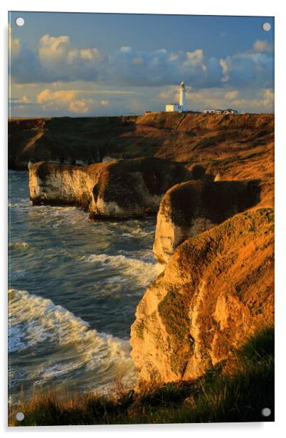 Flamborough lighthouse and cliffs at sunrise. Acrylic by Drew Watson