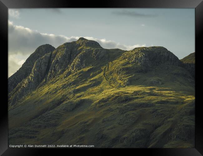 Majestic Langdale Pikes at Sunset Framed Print by Alan Dunnett