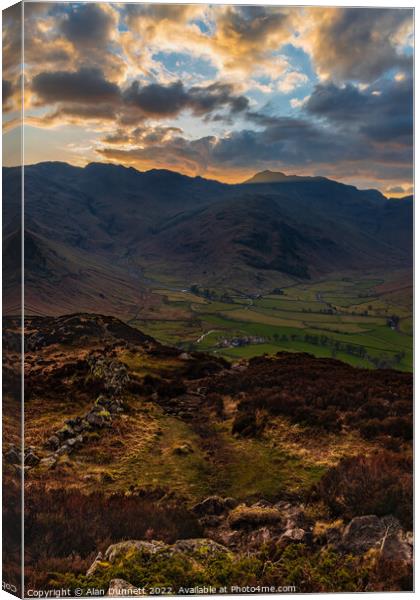 Sunset behind Bow Fell from Side Pike Canvas Print by Alan Dunnett