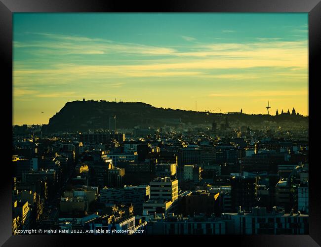 Barcelona evening cityscape at sunset with Montjuic in silhouette, Catalonia, Spain Framed Print by Mehul Patel