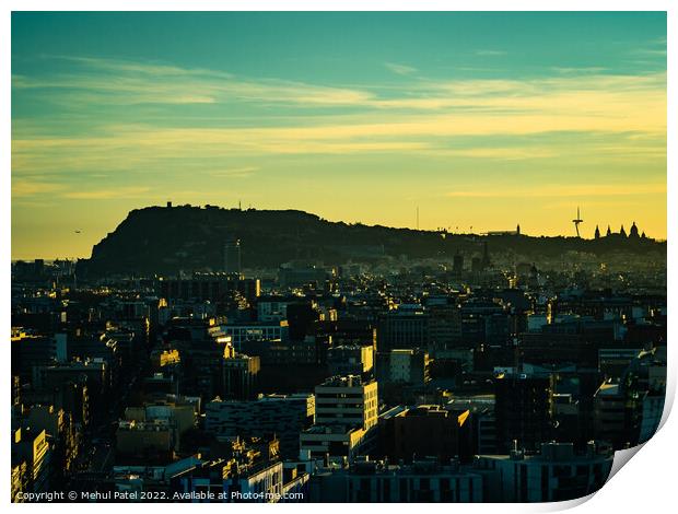Barcelona evening cityscape at sunset with Montjuic in silhouette, Catalonia, Spain Print by Mehul Patel
