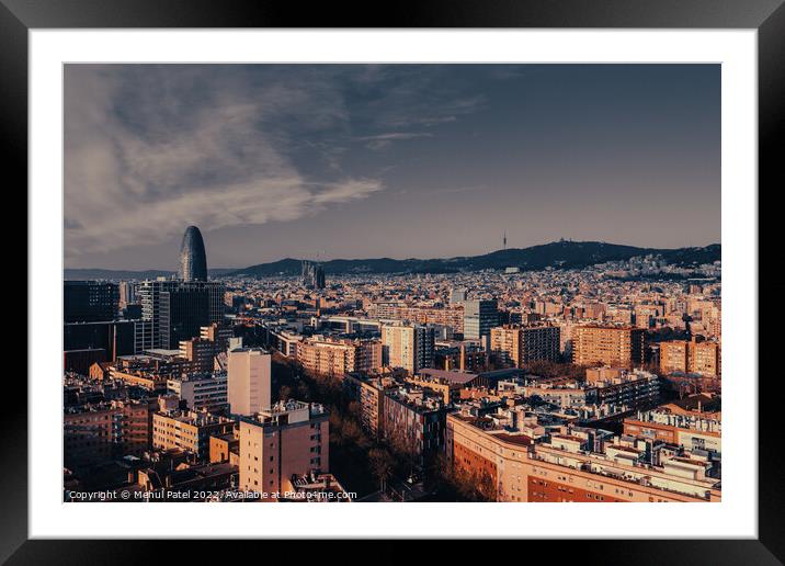 Barcelona city skyline featuring famous landmarks Torre Glories, La Sagrada Familia and the hillside of Tibidabo in the distance - Barcelona, Catalonia, Spain Framed Mounted Print by Mehul Patel