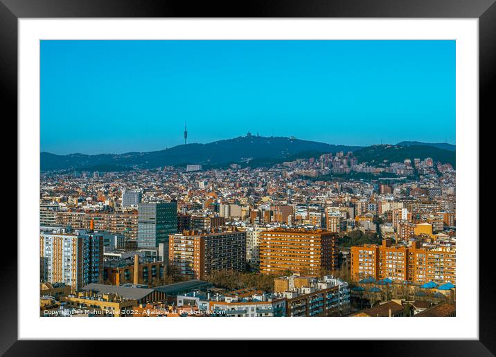 Barcelona city urbanscape looking towards hillside of Tibidabo and the Torre de Collserola, Barcelona, Catalonia, Spain Framed Mounted Print by Mehul Patel