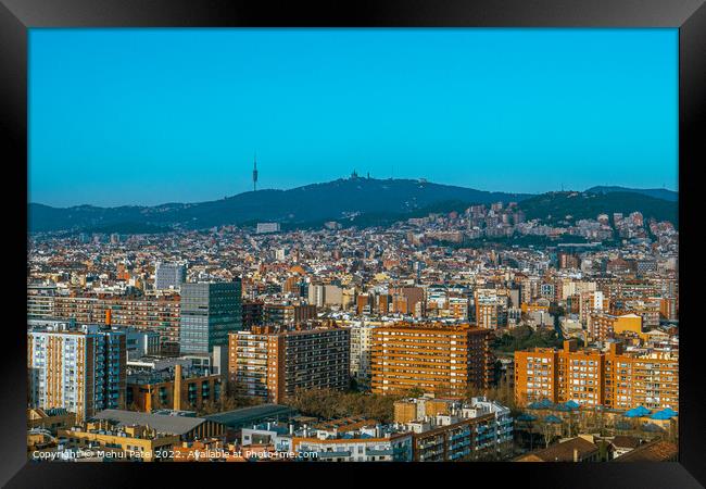 Barcelona city urbanscape looking towards hillside of Tibidabo and the Torre de Collserola, Barcelona, Catalonia, Spain Framed Print by Mehul Patel