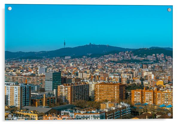 Barcelona city urbanscape looking towards hillside of Tibidabo and the Torre de Collserola, Barcelona, Catalonia, Spain Acrylic by Mehul Patel