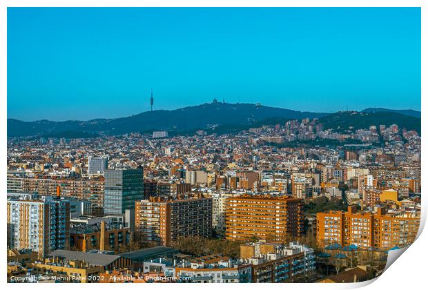 Barcelona city urbanscape looking towards hillside of Tibidabo and the Torre de Collserola, Barcelona, Catalonia, Spain Print by Mehul Patel