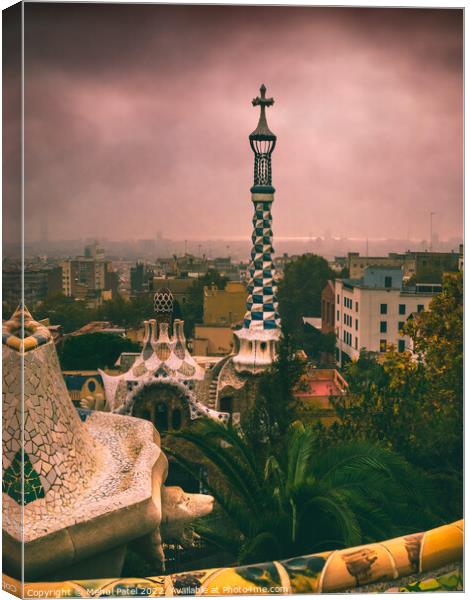 View from Parc Guell on a misty cloudy morning, Barcelona, Catalonia, Spain Canvas Print by Mehul Patel