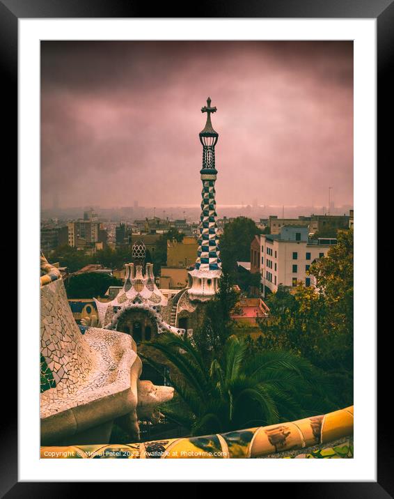 View from Parc Guell on a misty cloudy morning, Barcelona, Catalonia, Spain Framed Mounted Print by Mehul Patel