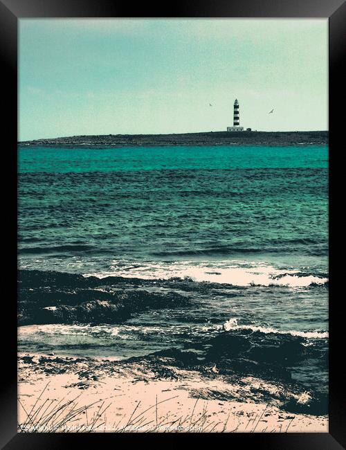 Digital painting of lighthouse situated off the south east coast of Menorca, Spain, opposite town of Punta Prima Framed Print by Mehul Patel