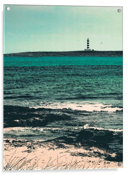 Digital painting of lighthouse situated off the south east coast of Menorca, Spain, opposite town of Punta Prima Acrylic by Mehul Patel