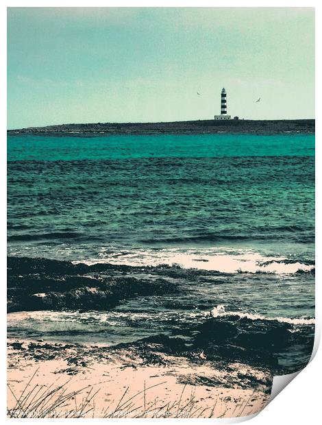 Digital painting of lighthouse situated off the south east coast of Menorca, Spain, opposite town of Punta Prima Print by Mehul Patel