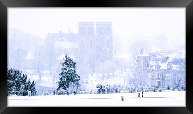 Inverness Cathedral in a snowstorm Framed Print by John Frid