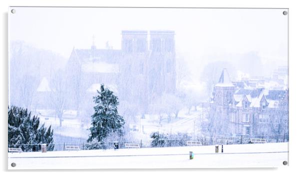 Inverness Cathedral in a snowstorm Acrylic by John Frid
