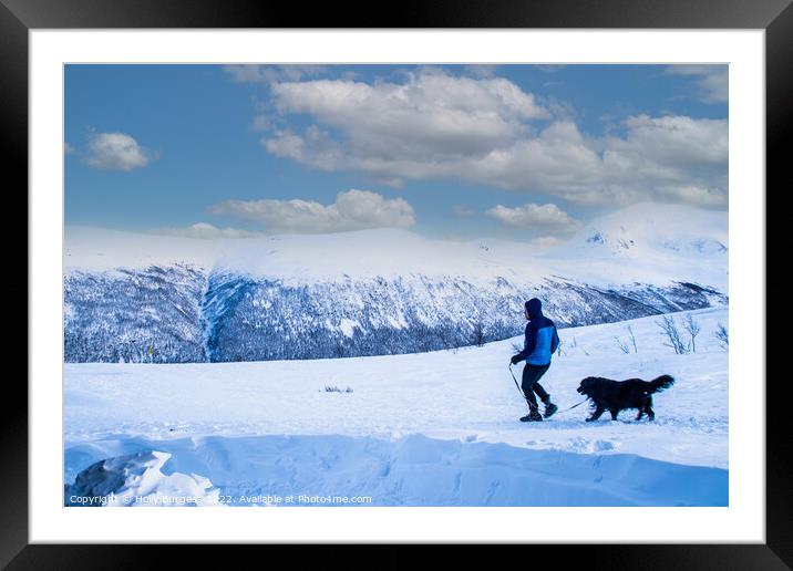 Outdoor mountain walking the dog in Tromso Norway  Framed Mounted Print by Holly Burgess