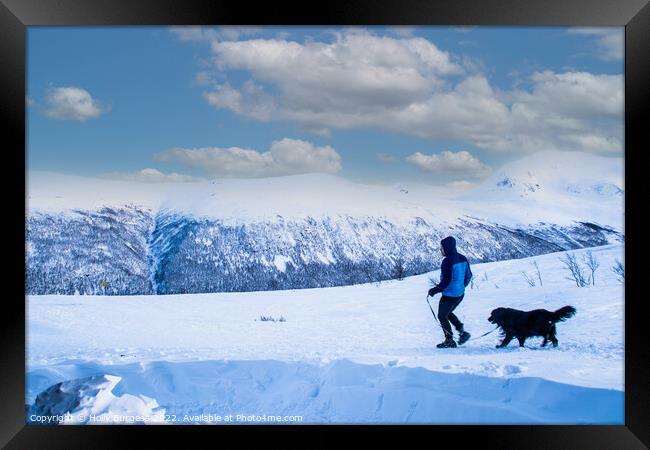 Outdoor mountain walking the dog in Tromso Norway  Framed Print by Holly Burgess