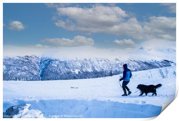 Outdoor mountain walking the dog in Tromso Norway  Print by Holly Burgess