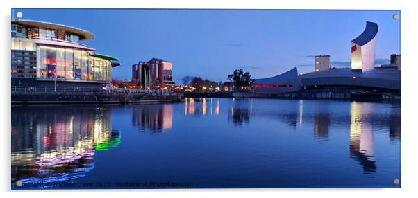 Salford Quays, Blue Hour Reflections Acrylic by Michele Davis