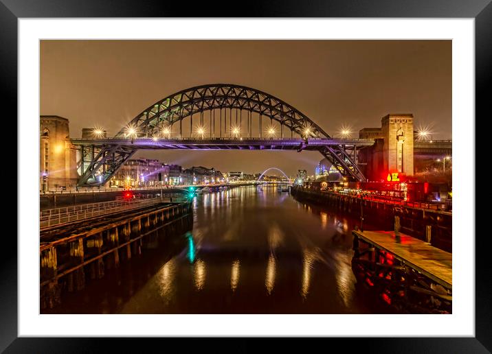 Tyne Bridge Night Lights Framed Mounted Print by Valerie Paterson