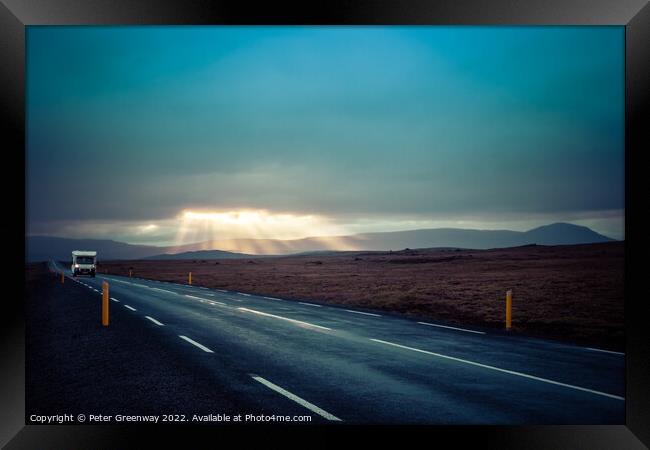 Camper Van On An Icelandic Road With Light Shafts Framed Print by Peter Greenway