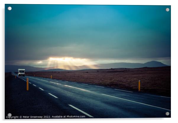 Camper Van On An Icelandic Road With Light Shafts Acrylic by Peter Greenway