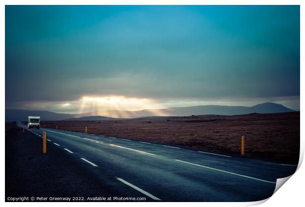 Camper Van On An Icelandic Road With Light Shafts Print by Peter Greenway