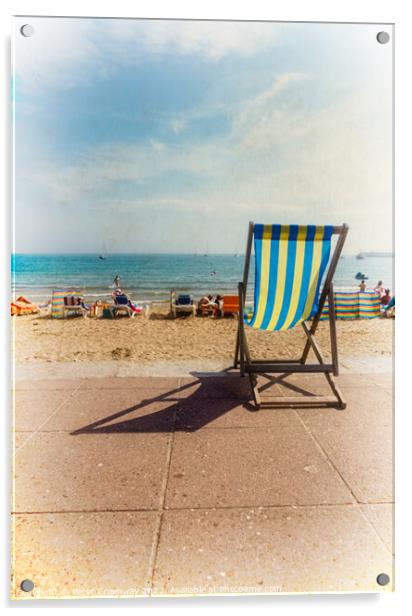English Seaside Deckchairs On The Sandy Beach & Sea In Swanage Acrylic by Peter Greenway