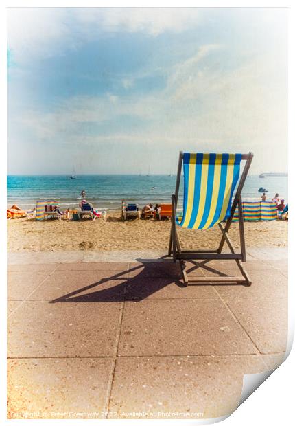 English Seaside Deckchairs On The Sandy Beach & Sea In Swanage Print by Peter Greenway