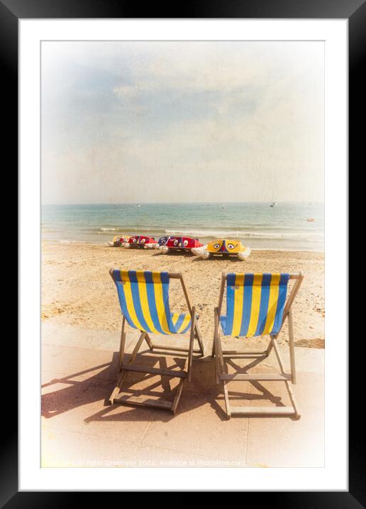 English Seaside Striped Deckchairs Overlooking The Framed Mounted Print by Peter Greenway