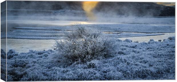 Steam from hot spring water and frozen ground. Canvas Print by Hörður Vilhjálmsson