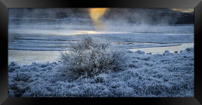 Steam from hot spring water and frozen ground. Framed Print by Hörður Vilhjálmsson
