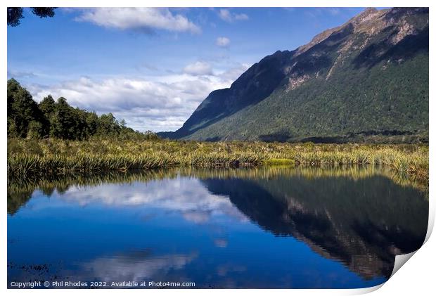 Mirror Lakes, New Zealand Print by Phil Rhodes