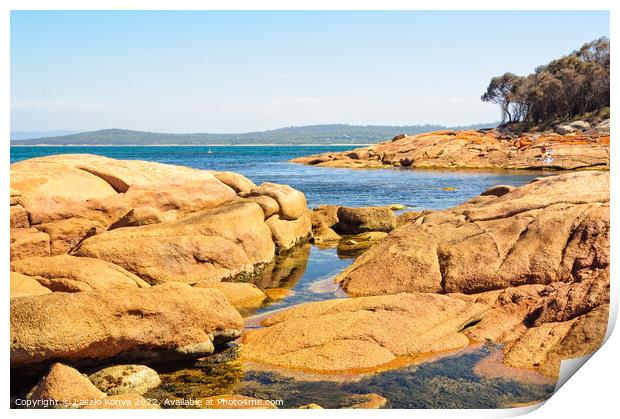 Red rocks and blue water - Coles Bay Print by Laszlo Konya