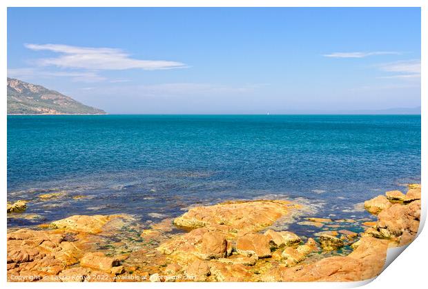 Red rocks and blue water - Coles Bay Print by Laszlo Konya