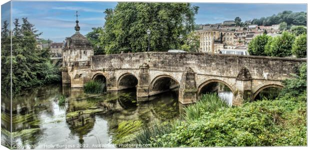 Bradford on Avon Bridge with reflections in the water  Canvas Print by Holly Burgess