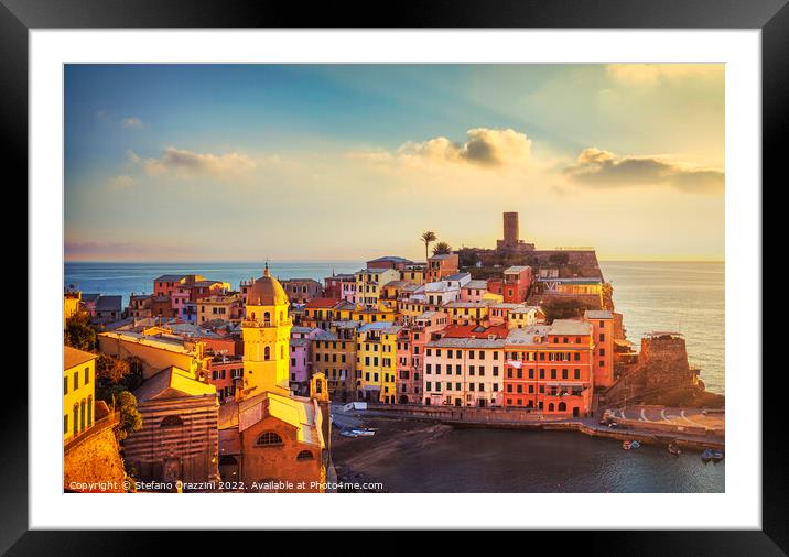 Vernazza village, aerial view at sunset. Cinque Terre, Ligury Framed Mounted Print by Stefano Orazzini
