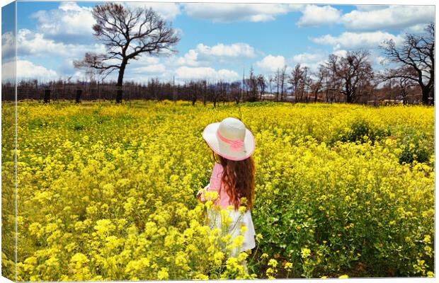 A small girl in a field of spring wildflowers Canvas Print by Constantinos Iliopoulos