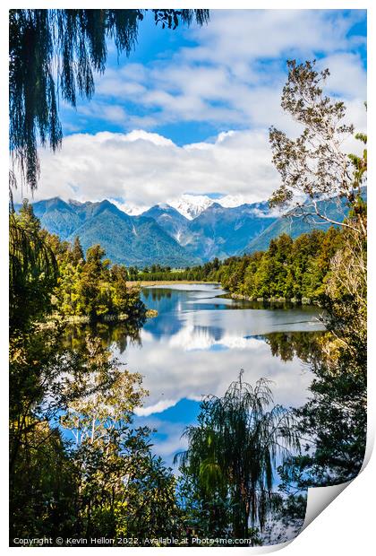 View over Lake Matheson with Mount Cook in the background, South Print by Kevin Hellon