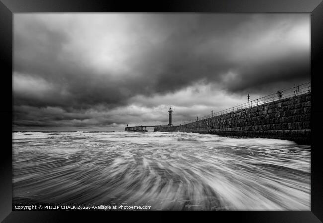 Dramatic black and white Whitby pier 701 Framed Print by PHILIP CHALK