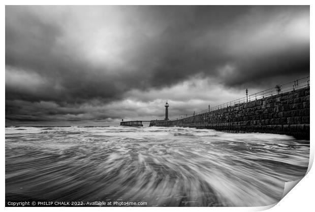 Dramatic black and white Whitby pier 701 Print by PHILIP CHALK