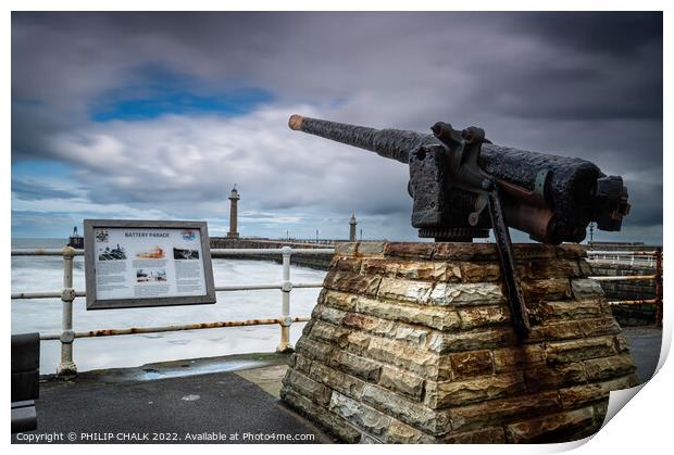 Whitby battery gun and pier 702 Print by PHILIP CHALK