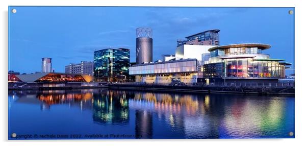 Salford Quays Reflections, Blue Hour Acrylic by Michele Davis