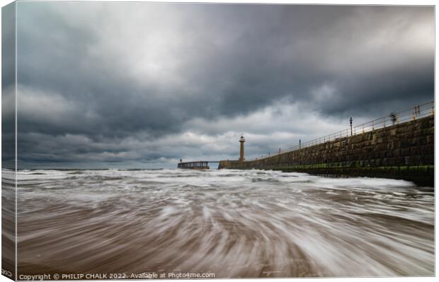 Receding tide and Whitby pier 704 Canvas Print by PHILIP CHALK