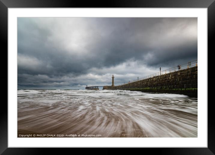 Receding tide and Whitby pier 704 Framed Mounted Print by PHILIP CHALK