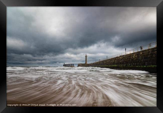 Receding tide and Whitby pier 704 Framed Print by PHILIP CHALK