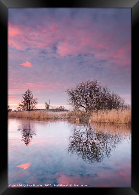 Turf Fen Windmill A Serene Sunrise Framed Print by Rick Bowden