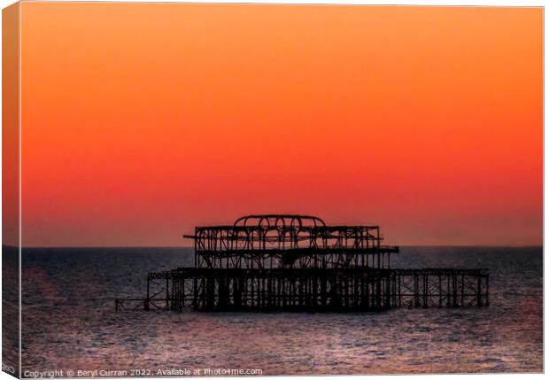 Orange Sunset over the Iconic West Pier Brighton Canvas Print by Beryl Curran