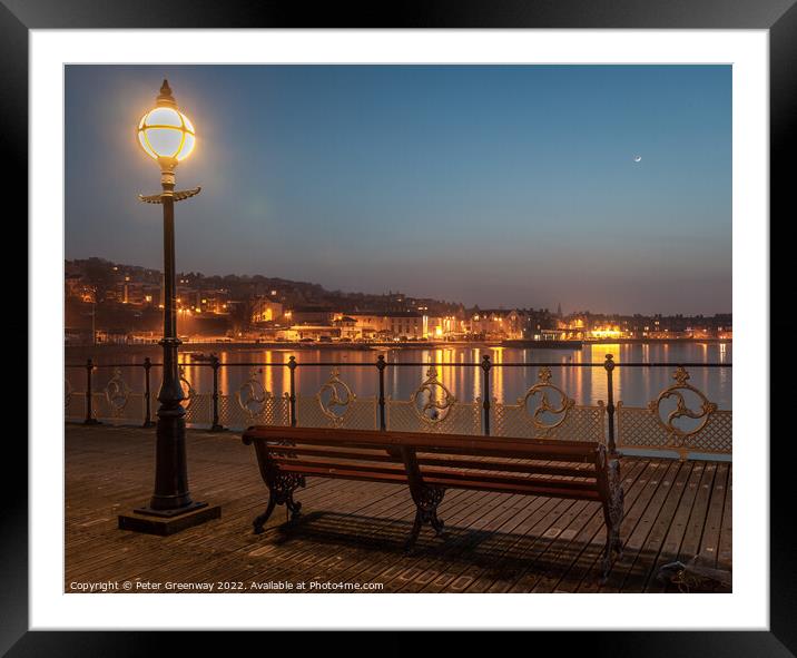 Illuminated Lamp Post And Benches On Swanage Pier Framed Mounted Print by Peter Greenway