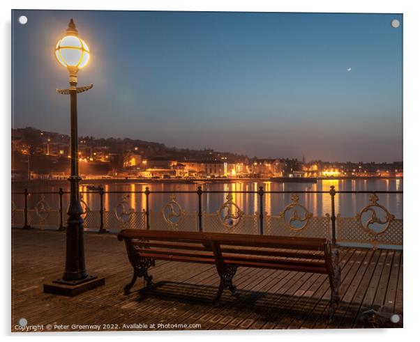 Illuminated Lamp Post And Benches On Swanage Pier Acrylic by Peter Greenway