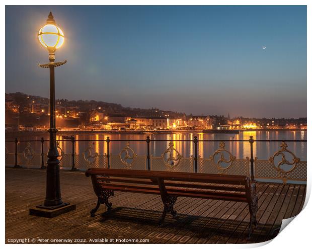 Illuminated Lamp Post And Benches On Swanage Pier Print by Peter Greenway